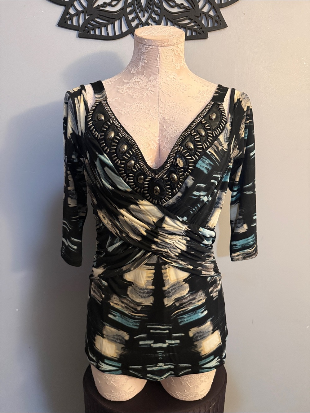 VENUS Black FauxLeather V-Neck Embellished Abstract Wrap Top M